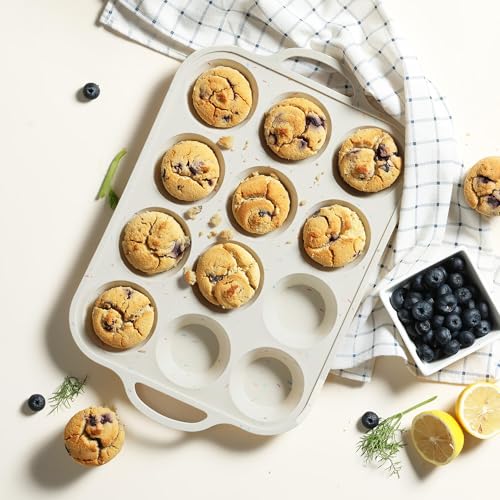 2 Packs 12 Cups Silicone Muffin Pan with Metal Reinforced Frame Regular Size Cupcake Pan Tray Egg Bites Oven Safe Silicone Molds Cookie Muffin Pan Tin Best Baking Sheets Non Toxic Clearance (2pc: 12-Cup Regular / Cream & Black)