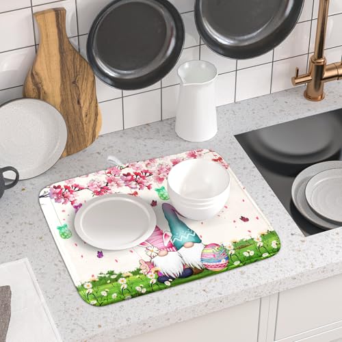 Easter Gnome Dish Drying Mat Floral Eggs Bunny Kitchen Drainer Mat 16x18 inch Absorbent Holiday Fast Dry Pad Protector for Counter Tabletop (Easter Gnome Egg / 16" x 18")