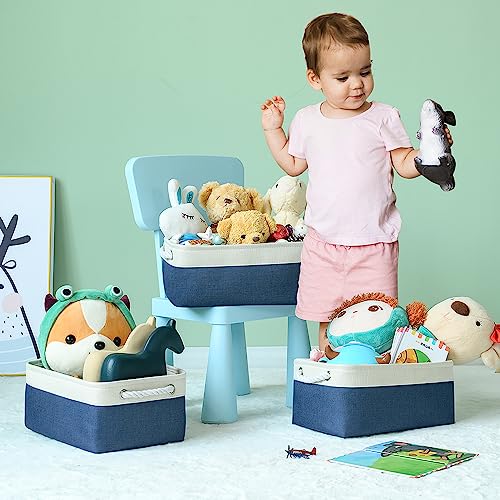 Storage Bins for Shelves (White & Blue / Medium -13.8Lx9.8Wx6.7H)