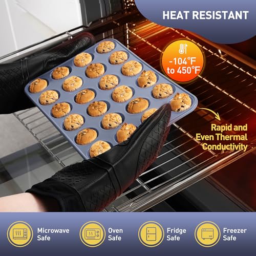 2 Pack 24 Cups Silicone Mini Muffin Pan with Metal Reinforced Frame Silicone Molds Cupcake Pans Tray Egg Bites Circle Cookie Molds Muffin Tin Tart Pans Baking Sheet Set for Breakfast Sandwiches (2pc: 24-Cup Mini / Morandi Pink and Morandi Blue)