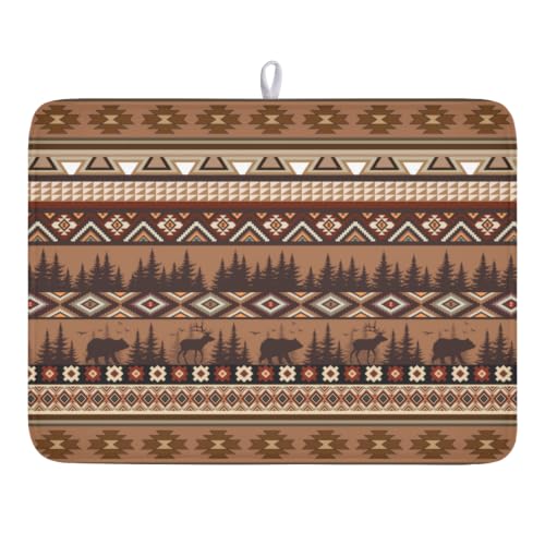 Rustic Bear Deer Dish Drying Mat Boho Ethnic Drainer Rack Pad 18x24 Inch Microfiber Absorbent Dish Sink Mat for Counter Kitchen Tableware (Rustic Bear Deer / 18x24 inch)