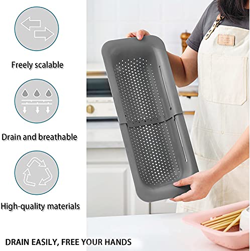 Collapsible Sink Colanders and Strainers Basket Extendable Plastic Fruit Vegetable Strainer Drainer Basket for Kitchen (M-Grey and White)