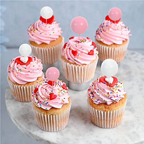 27 PCS Pink and White Ball Cake Topper Mini Balloons Cake Toppers Foam Ball Cupcake Toppers Happy Birthday Cake Insert Pick DIY for Anniversary Wedding Cake Decorations Baby Shower Party (27 Count)