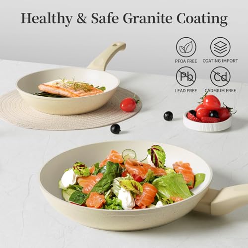 Nonstick Ceramic Frying Pans Skillets Set with Lid 8"+9.5"+11" (Beige)