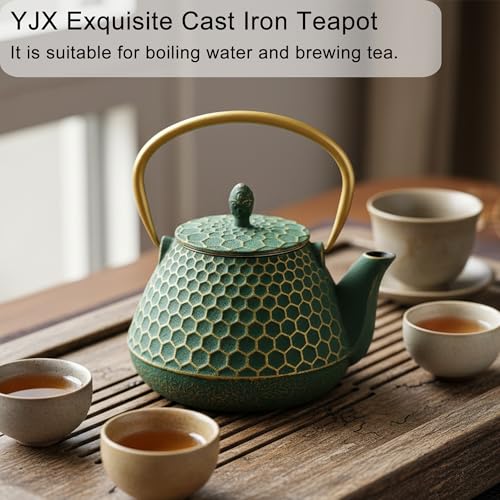 34oz Cast Iron Tea Kettle for Stovetop (Dark Green Hexagon Pattern, 1000ml/34oz)