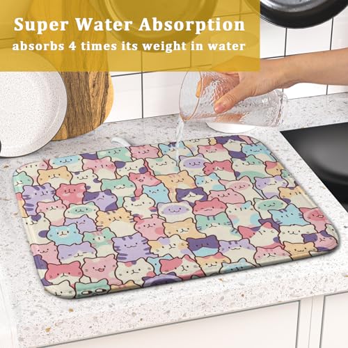 Colorful Cats Dish Drying Mat 16x18 inch Cute Animal Microfiber Reversible Fast Dry Dishes Drainer Rack Pad for Counter Kitchen Table Decor (Colorful Cats / 16" x 18")