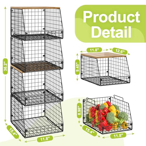 4 Pack Stackable Wire Baskets with Fixed Wooden Top (4 Pack with Wooden Top—Narrow 11.8"W x 15.4" D)