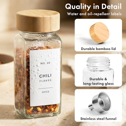 Glass Spice Jars with Label (36x Bamboo Jars White Stickers)