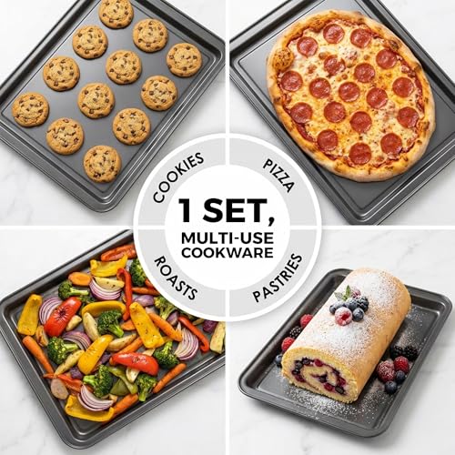 Non-Stick 3-Piece Baking Pan Set – Carbon Steel with Even Heat Distribution, Oven Safe to 446°F, BPA-Free, Dishwasher Safe, Stackable Baking Tools for Easy Storage and Everyday Cooking - Gray (3 Count)