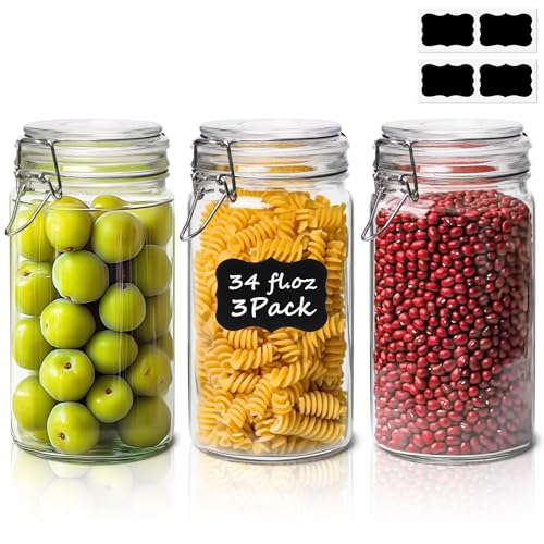 Glass Pantry Jars with Airtight Lids 34 oz 3 Pack Coffee Canisters (34 fl oz x 3)