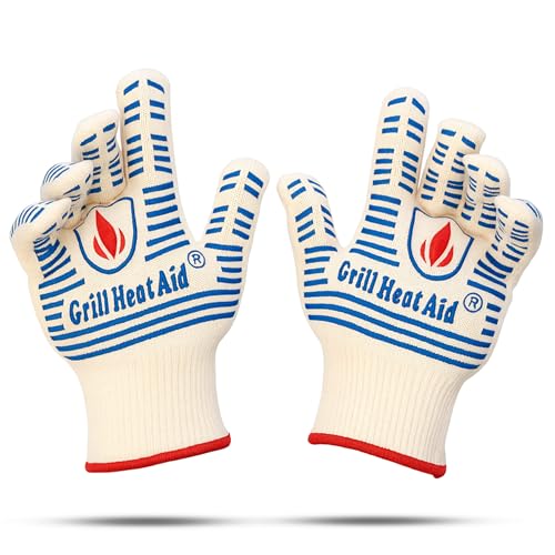 Grill Gloves Heat Proof for Men Grilling BBQ Heat Resistant Gloves (White & Blue / Short Cuff - Medium Palm)