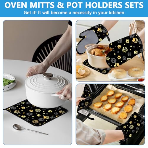 Gold Dog Paw Print Oven Mitts and Pot Holders Sets Heat Resistant 4Pcs Potholders Oven Gloves Hot Pads for Kitchen Baking Cooking Grilling BBQ (Gold Dog Paw Print)