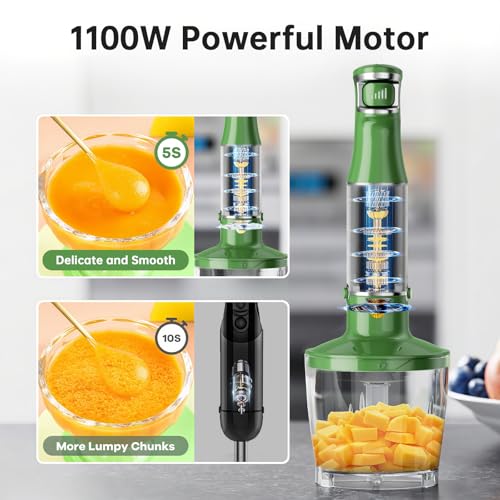 Immersion Blender Handheld 5 in 1 Hand Blender Set 1100W Heavy Duty (Green / 5 in 1)
