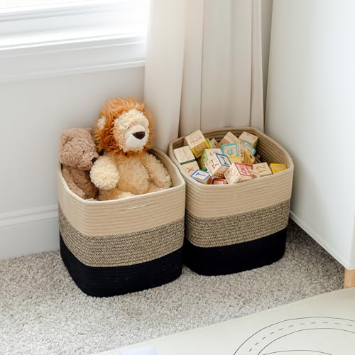 Storage Cubes 11 Inch Cotton Rope Woven Baskets for Organizing (3-Tone Black & Tan Brown)