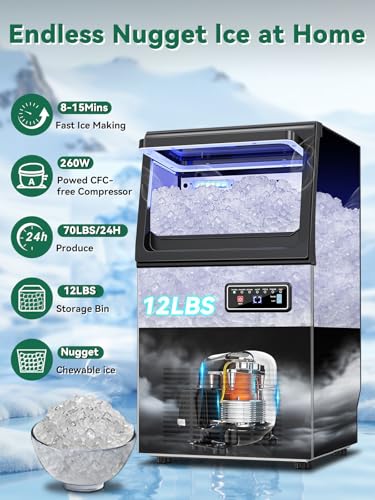 Commercial Nugget Ice Maker Machine with 12Lbs Storage Bin (Nugget Ice Undercounter-70LBS/24H)
