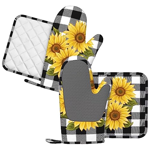 Sunflower Black White Buffalo Plaid Oven Mitts and Pot Holders Sets Silicone Yellow Floral Lumberjack Check Kitchen Mitts Potholders Heat Resistant 4Pcs Oven Gloves Hot Pads for Kitchen (Sunflower Plaid)