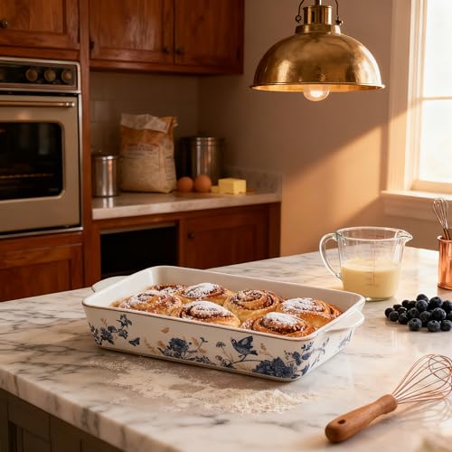 Baking Pans Set of 2 Blue flower 14 inch Ceramic for Oven Large Casserole Baking Dish Set with Handles Porcelain Bakeware Sets Casserole Dish for Oven