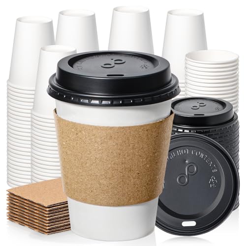 100 Pack 8 oz Disposable Coffee Cups with Lids (8 oz)