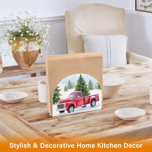 Christmas Red Truck Pine Tree Napkin Holder for Table Paper Napkins Holder Acrylic Tissue Dispenser Kitchen Dining Room Bathroom Party Car Decor (NH014 / 4.1x4.9x1.97in)