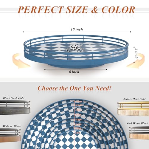 Blue and White Checkerboard Lazy Susan with Rubberwood Base and Metal Rail (Blue & White / 10 inches)