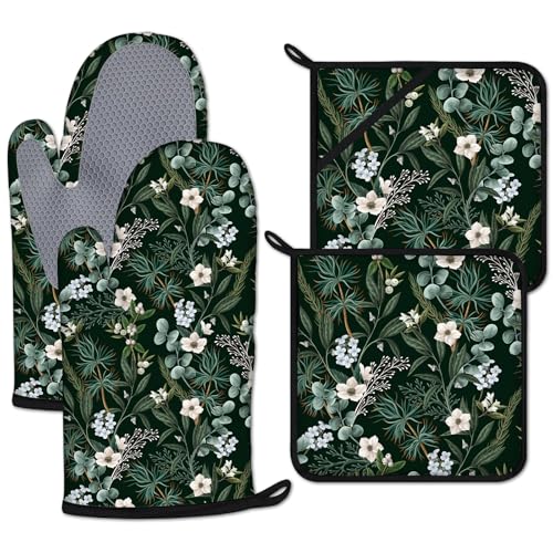Botanical Print FloralOven Mitts and Pot Holders Sets Heat Resistant 4Pcs Potholders Oven Gloves Hot Pads for Kitchen Baking Cooking Grilling BBQ (Botanical Print Floral)