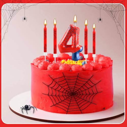 13 Pcs Spider Themed Birthday Candle Set Red Spider Theme Number 4 Candle Cake Topper for Boys Girls Birthday Decoration Spider Party Decoration Supplies (13 Count)