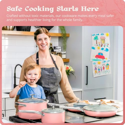 Premium Non Toxic Ceramic Cookware Set (12 Piece Kit / Coral Pink)