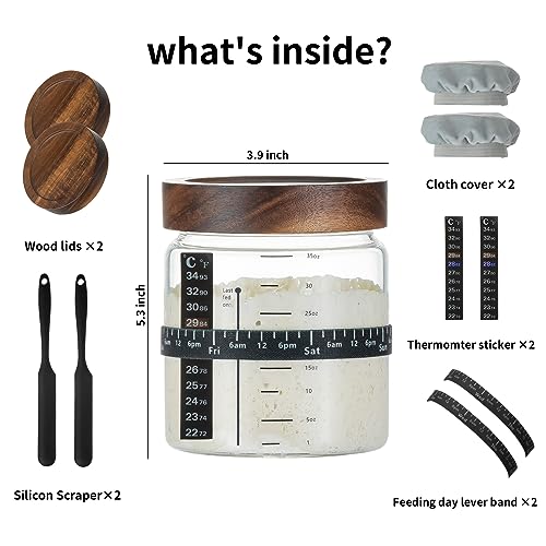 Sourdough Starter Jar 2Pack 35OZ with Ounce Scale Line (Wood Lids-2 Pack)