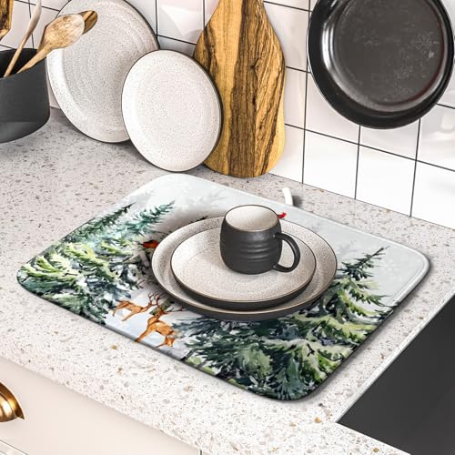 Pine Tree Dish Drying Mat for Kitchen Counter 16x18 Inch Forest Deer Absorbent Dishes Drainer Mats Reversible Microfiber Quick Dry Rack Pad (Pine Tree Deer / 16" x 18")
