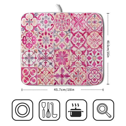 Pink Mexican Tiles Dish Drying Mat Absorbent Microfiber Dish Drying Pad for Kitchen Multi (Mexican Tiles Pink / 18" x 16")