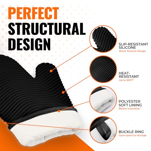 Silicone Oven Mitts (2PCS-12"L x 7"W/BLACK-WAVE SURFACE)