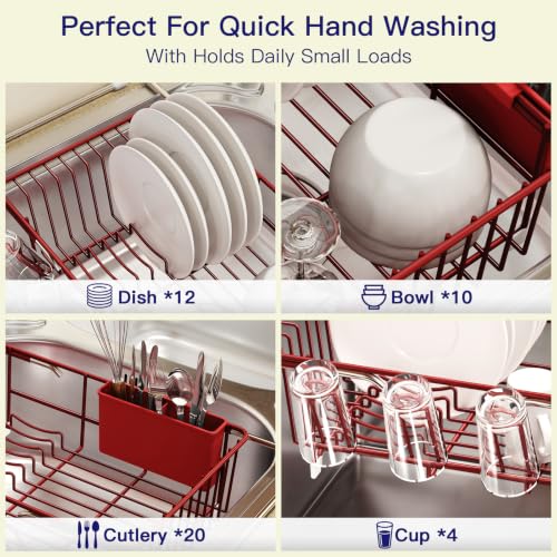 Red Expandable Dish Drying Rack Over Sink with Extra Drying Mat (Red / For 11.5"-16" W Sink with Cup Holder & Mat)