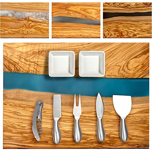 Handcrafted Italian Olive Wood Cheese & Charcuterie Board Set with Unique Blue Resin Artwork (Blue)