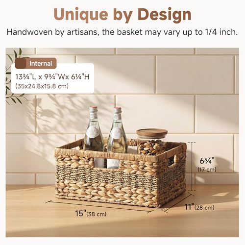 Large Wicker Baskets for Organizing (Natural (Water Hyacinth with Seagrass) / 15"L x 11"W x 6¾"H)