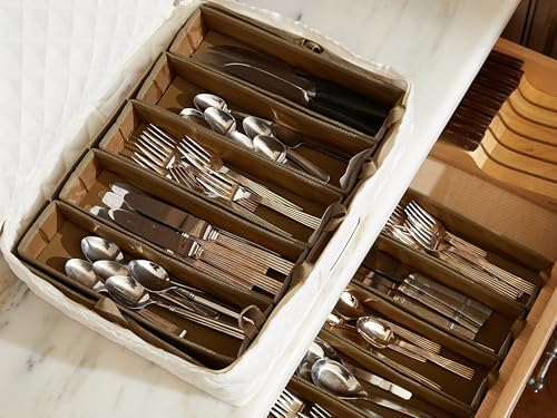Flatware Storage Case with Removable Trays (Cream Quilted Polyester / 15.5 x 11.5 x 3.5)