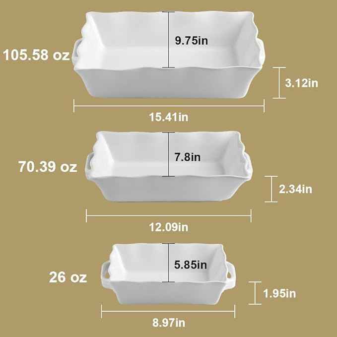 Sweejar Casserole Dishes for Oven, Ceramic Bakeware Set of 3, Rectangular Baking dish with Handles, Wave Edge Lasagna Pan Deep for Cooking, Cake, Dinner, Banquet and Daily Use (Beige)