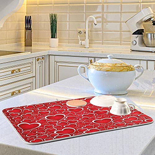 Valentines Day Red Hearts Dish Drying Mat for Kitchen Counter Absorbent Microfiber Large Drying Pad Dish mats for Kitchen Countertops 18 x 24 Inch (Red Hearts / 18" x 24")