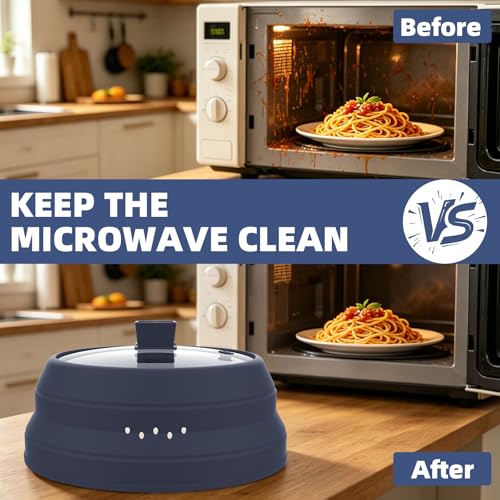 Tall Microwave Splatter Cover Glass Cover Guard Lid 5.8 inch Height with Collapsible Silicone for Food Pot Plate 10.8 inch Dark Blue (Taller style DARK BLUE / 10.8 inch)