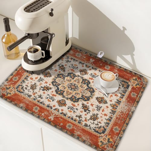 Ethnic Boho Dish Drying Mat Rust Coral Floral Decorative Dishes Pad 18x24 Inch Absorbent Fast Dry Drainer Rack Mats for Kitchen Countertop (Ethnic Boho Orange / 18x24 inch)