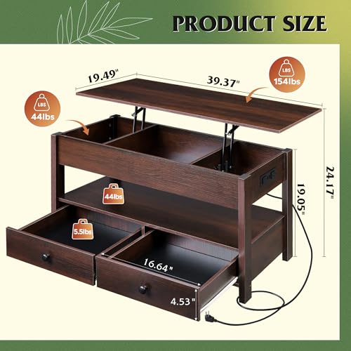 Lift Top Coffee Table with 2 Drawers Storage (Espresso+led / 39" With LED)