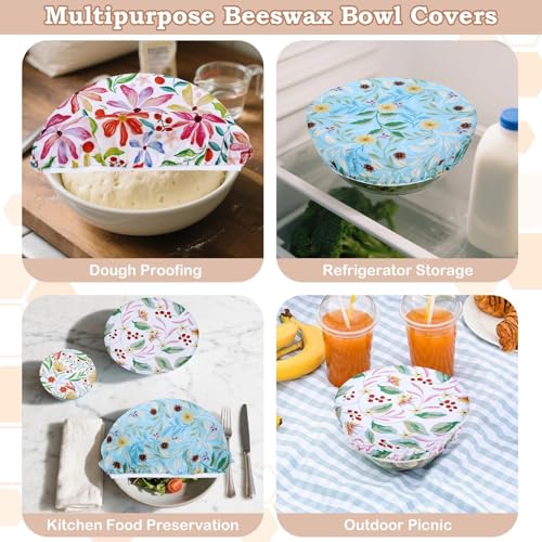 5Pcs Reusable Beeswax Elastic Bowl Covers for Bread Proofing and Food Cover (Rainbow Floral)