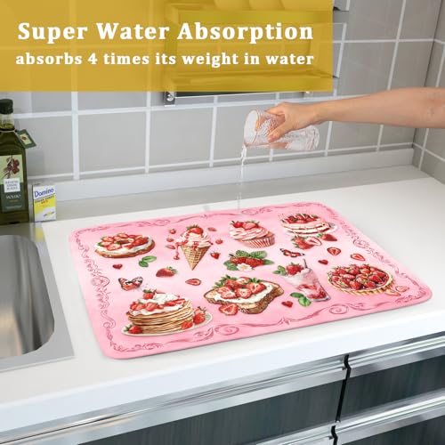 Strawberry Dish Drying Rack Mat Pink Absorbent Microfiber Dish Drying Mat for Kitchen Counter 18x24 In (Strawberry Pink 328 / 24" x 18")