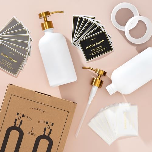 Hand and Dish Soap Dispenser for Kitchen and Bathroom (Matte White Bottle / Brushed Gold Pump)