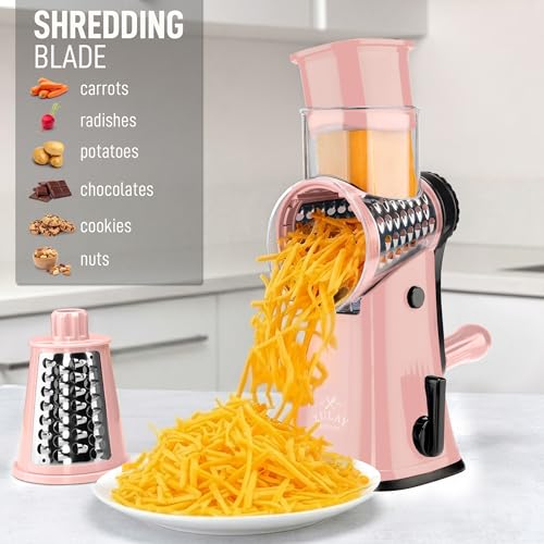 Rotary Cheese Grater Manual Hand Crank 5 Blade Shredder (5 Blades / Peach & Black)