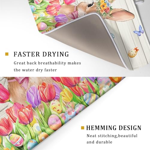 Easter Bunny Dish Drying Mat 18x24 inch Eggs Floral Fast Drying Pad Washable Reversible Microfiber Dish Drainer Mats for Kitchen Counter (Bunny Wood / 18" x 24")