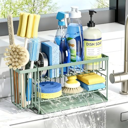 Sage Green 2 Tier Kitchen Sink Caddy Organzier Rack with Flexible Dish Brush Holder (Sage Green / Medium)
