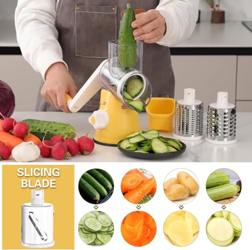 Rotary Cheese Grater Hand Crank Cheese Shredder for Fresh Cheese (3 BLADES / Yellow)