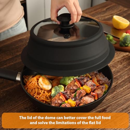 Collapsible Microwave Splatter Lid with Vented Tempered Glass Cover Wok Lid for Microwave Safe (11-12.5 inch / Black)