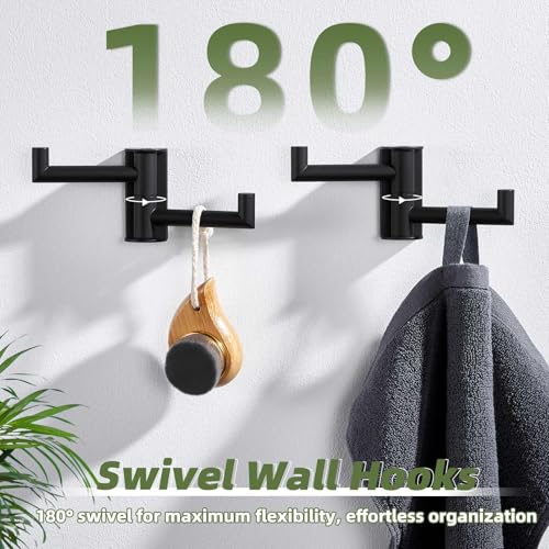 Matte Black Swivel Towel Hooks for Bathrooms (2 Pack / Matte Black)