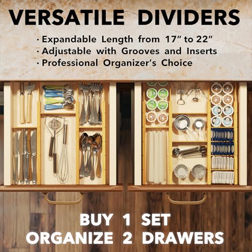 Bamboo Drawer Dividers with Inserts and Labels (2.35''H, 17''-22''L, 7 Dividers / NATURAL)